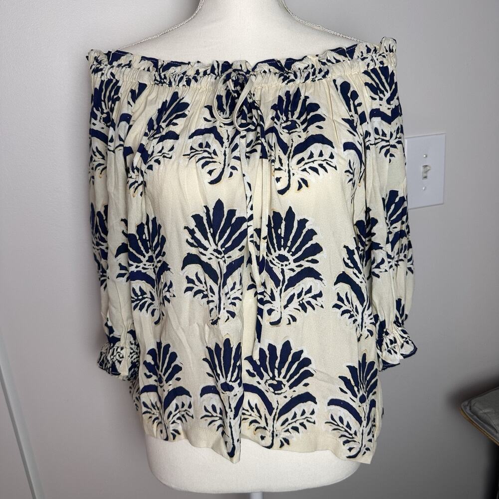 Fifteen Twenty Blouse Womens XS Navy Ivory Floral Off Shoulder Boho 100% Viscose